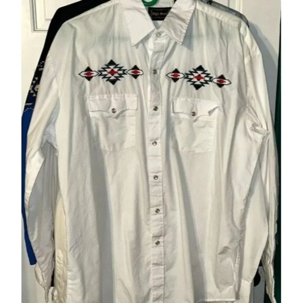 High Noon Western Shirt Long Sleeve Snap Button Aztec Embroidery White L Cotton - Picture 1 of 5